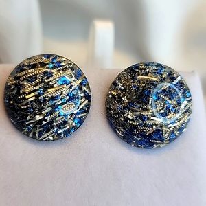 Vintage Blue & Silver confetti Circle CLIP-ON earrings Costume Jewelry